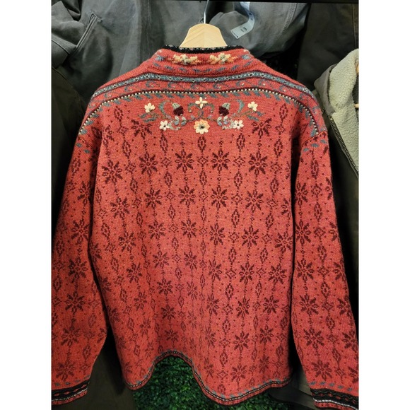 vtg 90s ICELANDIC DESIGN ZIP Up Cardigan xl // red wool floral winter autumn - Picture 3 of 4
